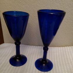 Two Hand Blown Bristol Blue Long Stem Glasses