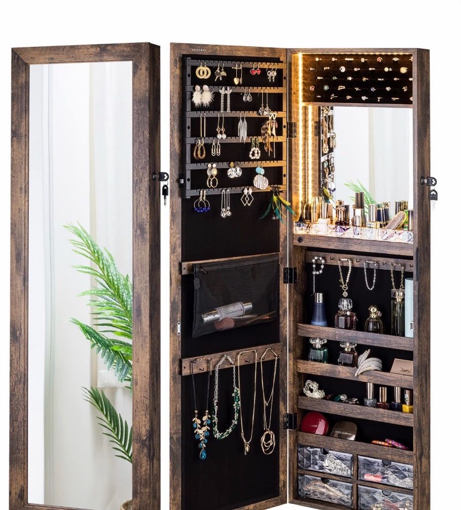 LUXFURNI Mirror Jewelry Cabinet 79 LED Lights Wall-Mount/Door-Hanging Armoire, Lockable Storage Orga