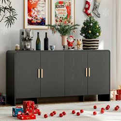 60" Sideboard Buffet Cabinet with Storage, Curved Design Farmhouse Coffee Bar Cabinet with 4 Doors & Adjustable Shelves for Living Room, Kitchen, Hall
