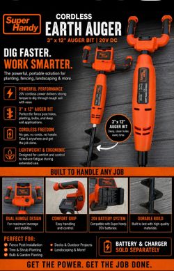 SuperHandy 20V Cordless Earth Auger – 3” x 12” Auger Bit