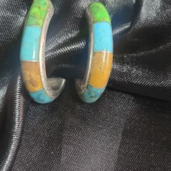 Jay King - Native American multi-stone channel inlay hoop earrings, most likely of Zuni or Navajo origin. 