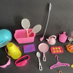 Barbie Doll Accessories Lot – Hangers, Kitchen, Food, Sports, Beauty Items
