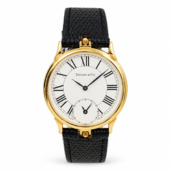 Tiffany & Co. Dual Time Zone 33mm 18K Yellow Gold Watch with Black Leather Strap and White Dial. (Pre-Owned)