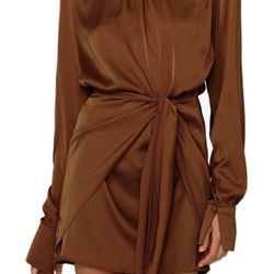 Satin Wrap Dress Brown Waisted
