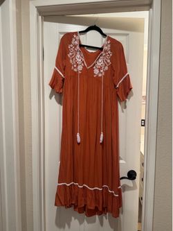 Burnt Orange Embroidered Boho Maxi Dress - Size Medium