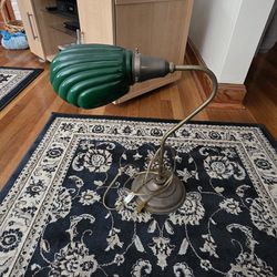 Vintage brass lamp with green shell shade