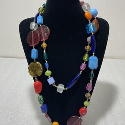 Chico’s Colorful Glass, Stone, Metal, Resin, Stone Beaded Long Necklace ~ 53 in