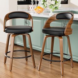 Bar Stools Set of 2, 26" Swivel Counter Height Bar Stools with Bentwood Legs and Back, Mid Century Modern Faux Leather Upholstered Counter Stools for 