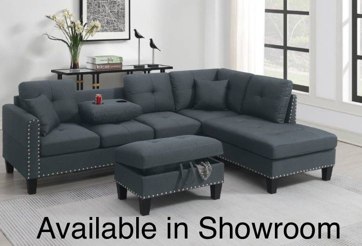 Charcoal Gray Sectional Sofa Storage Ottoman Ottoman Accent Pillows Nailhead Trim Cup Holders 6x8
