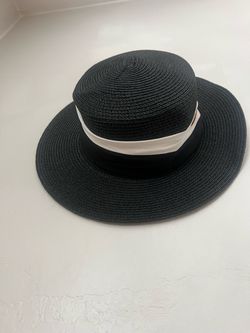 Black Wide Brim Straw Hat - Black And White