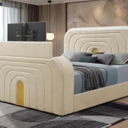 Queen size bed, black, white, beige and grey, with TV stand and LED lights 