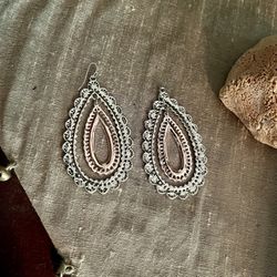 striking large shiny silvery, coppery, and diamond teardrop earrings