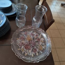 Flower Glass Platter With 2 Vases 