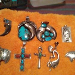 Navajo Sterling Silver w/turquoise,Bear Claw And Coral Pendants