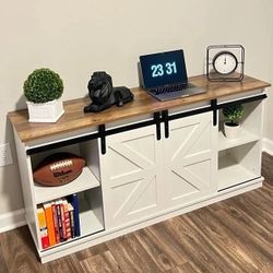 New TV Stand Sliding Barn Door Farmhouse, Storage Cabinet Table Living Room with Adjustable Shelves for TVs Up to 65" white  New in box T TS101WM 【Sli