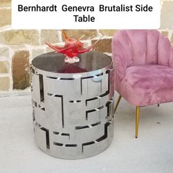 Rare Bernhardt Genevra Brutalist Stainless Steel cut out Stone top Round Side Table