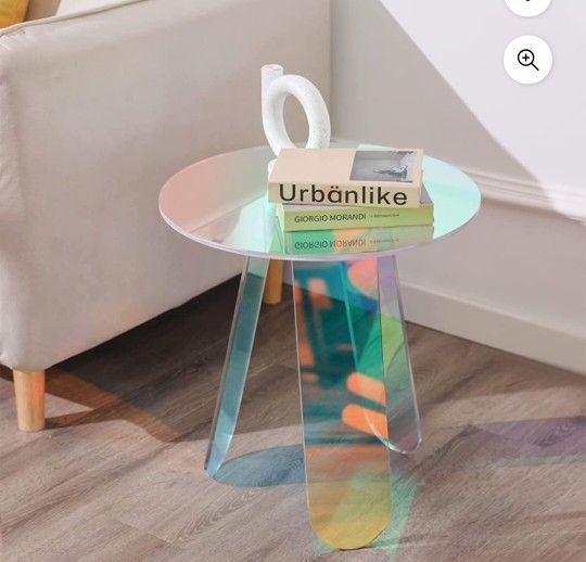 Acrylic End Table Rainbow Clear Round Side Table Modern Coffee Table with PVC Table Cover, Iridescent