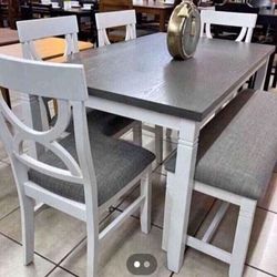 ✅️✅️(6 pc white & grey finish wood dining table set grey padded seat chairs and bench✅️