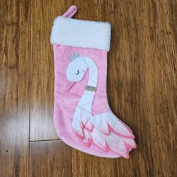 🦢 Plush Pink Swan Christmas Stocking 3D Feathers Rhinestone Silver Crown 18"