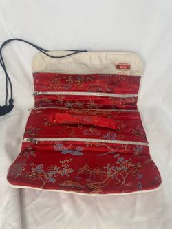 vintage red Chinese silk jewelry roll purse