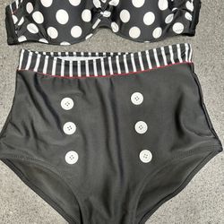 Black White 2pc Retro High Waist Bikini - Juniors Small  