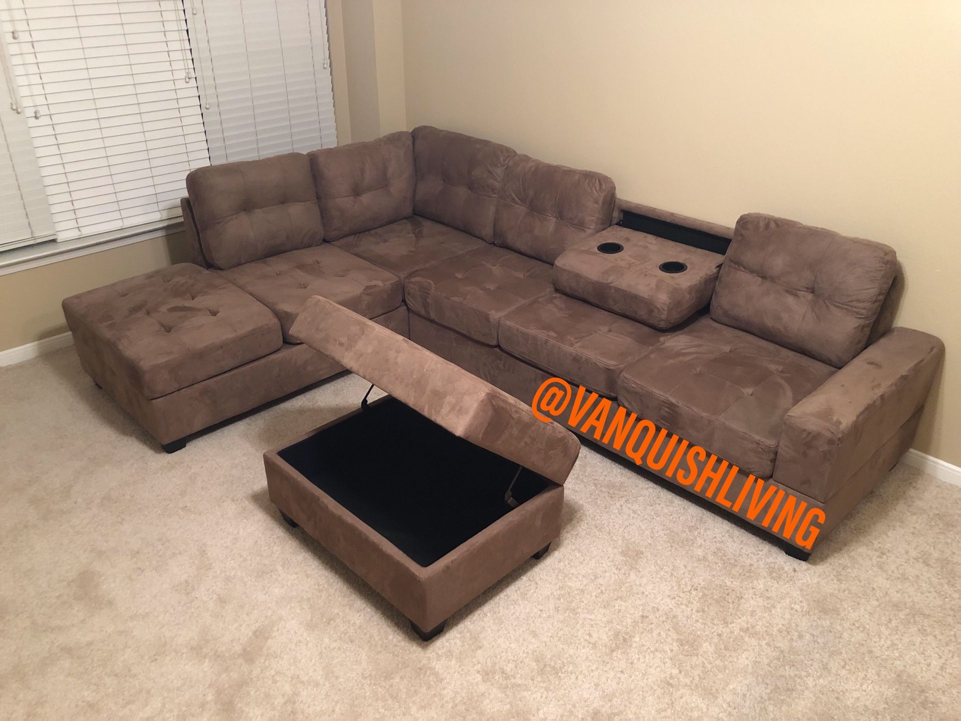 New Taupe Reversible Sectional Sofa With Cup Holders Storage Ottoman