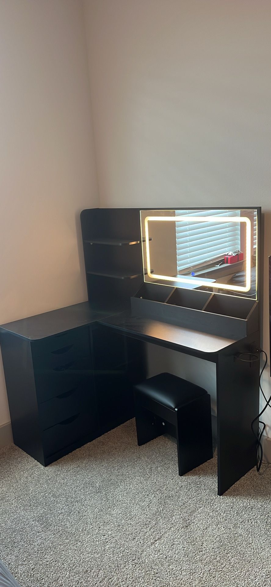 Black L shaped vanity desk with lighted mirror & stool