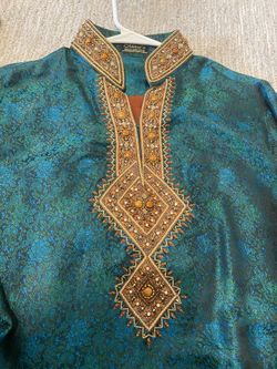 Custom design Indian/Pakistani men Eid or wedding party dress set Kurta and shalwar (blue, green, and gold).