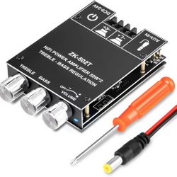ZK-502T Bluetooth Amplifier Board,50W+50W 2.0 Channel Amp Board with Treble and Bass Control,DC 12-24V, Bluetooth and AUX Inputs, Audio Amp Board for 
