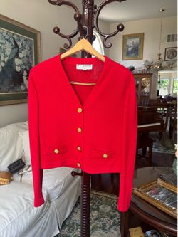 Size 4 St. John Red Cardigan with Gold Buttons. Never worn.