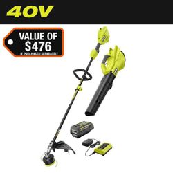RYOBI 40V Cordless Attachment Capable 15" String Trimmer & 550 CFM 120 MPH Blower Combo Kit with 4.0 Ah Battery & Charger