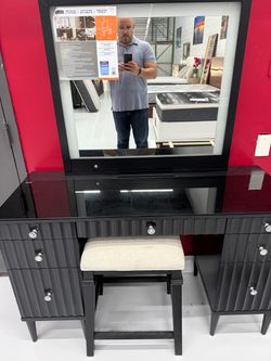 Black Vanity Table Set with LED Mirror and Stool