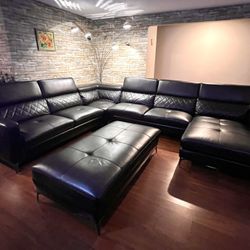 Sectional Black Leather Sofa & Ottoman 