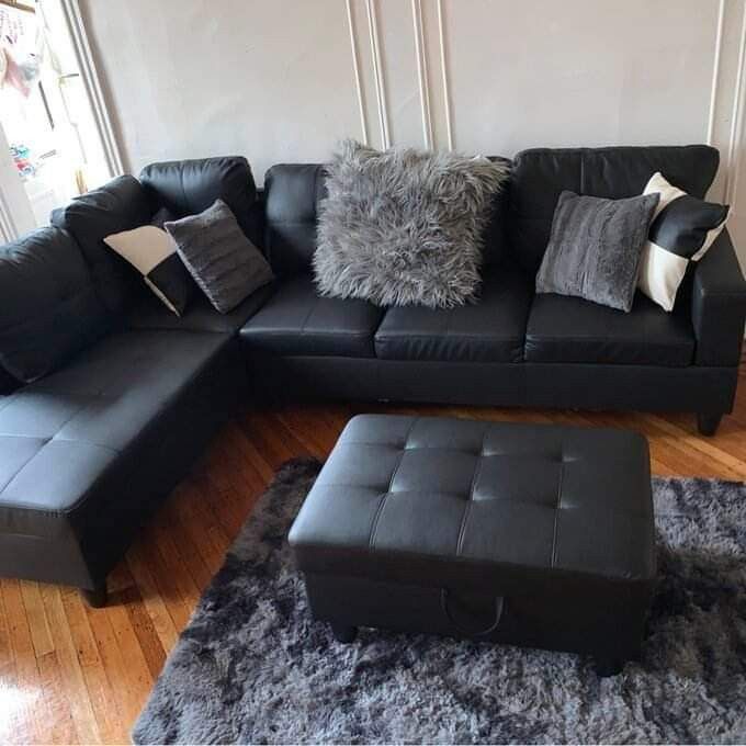 Brand New Black Faux Leather Sectional Sofa With Storage Ottoman 