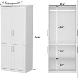 Wardrobe Closet with 4 Doors, Modern White Bedroom Armoire with Gold Handles $160  