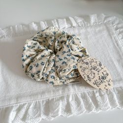 Cream color with blue flower scrunchie 