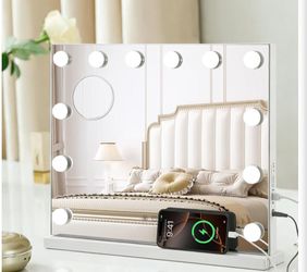 Vanity Mirror with Lights, 19.7"x16.5" Hollywood Mirror with 12 Dimmable LED Bulbs, 3 Color Lighting Modes & 10X Magnification Desk Wall-Mounted Makeu