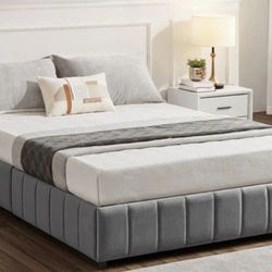 Queen Upholstered Platform Bed with 4 Storage Drawers, No Fixed Headboard, Mattress Foundation with Wood Slat Support, No Box Spring Needed, Noise Fre