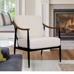 Modern Accent Chair for Living Room Bedroom Mid Century Arm Chair Upholstered Office Accent Chair Comfy Waiting Room Chair with Metal Frame, Cream Whi