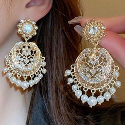 (Afghani Earrings)Vintage Earrings, Pearl, And Rhinestone, French Fashion, Luxurious Earings