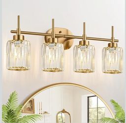(Brand New in Box) Modern Crystal Bathroom Vanity Light, 4-Light Gold Bathroom Light Fixtures Over Mirror, Crystal Vanity Light with Brushed Gold Fin