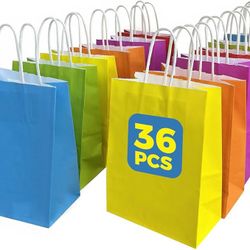 36 Pack Gift bags with handles，8.2"×3.1"×5.9" paper bags with handles bulk，For children's birthdays, baby showers, crafts, weddings, party supplies (
