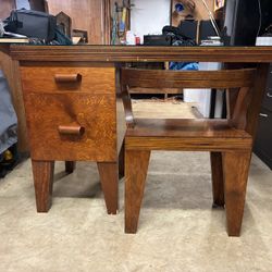 Vintage 1930s Art Deco Oak Waterfall Desk + Matching Bench — Unique Mid-Century Style