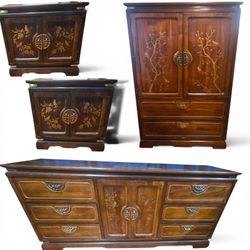 Vintage Mid-Century Asian Chinoiserie 4-Piece Bedroom Set - Solid Wood