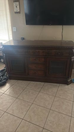 Dark Wood TV Stand with Drawers and Cabinets