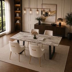62.9-inch Rectangular Wooden Dining Table Set with Four Beige Velvet Chairs.