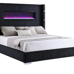 Beautiful Black Velvet Fireplace King Bed