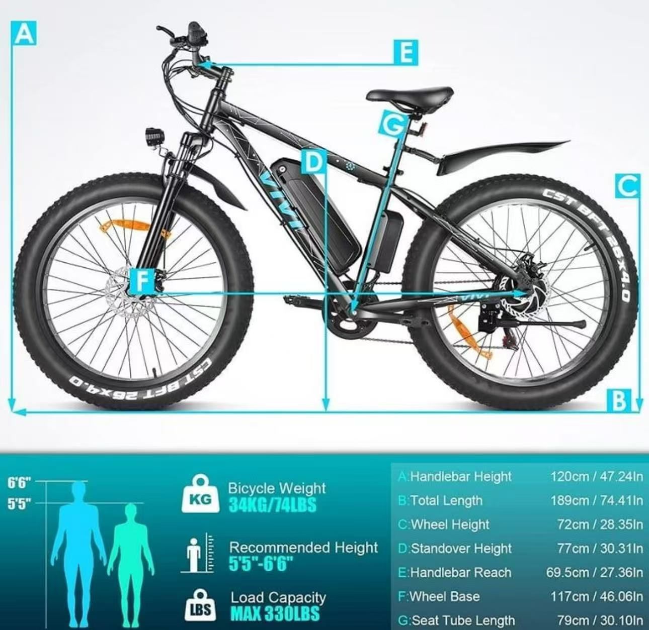 Vivi Electric Bike 26 x Fat Tire Electric Bike 500W All