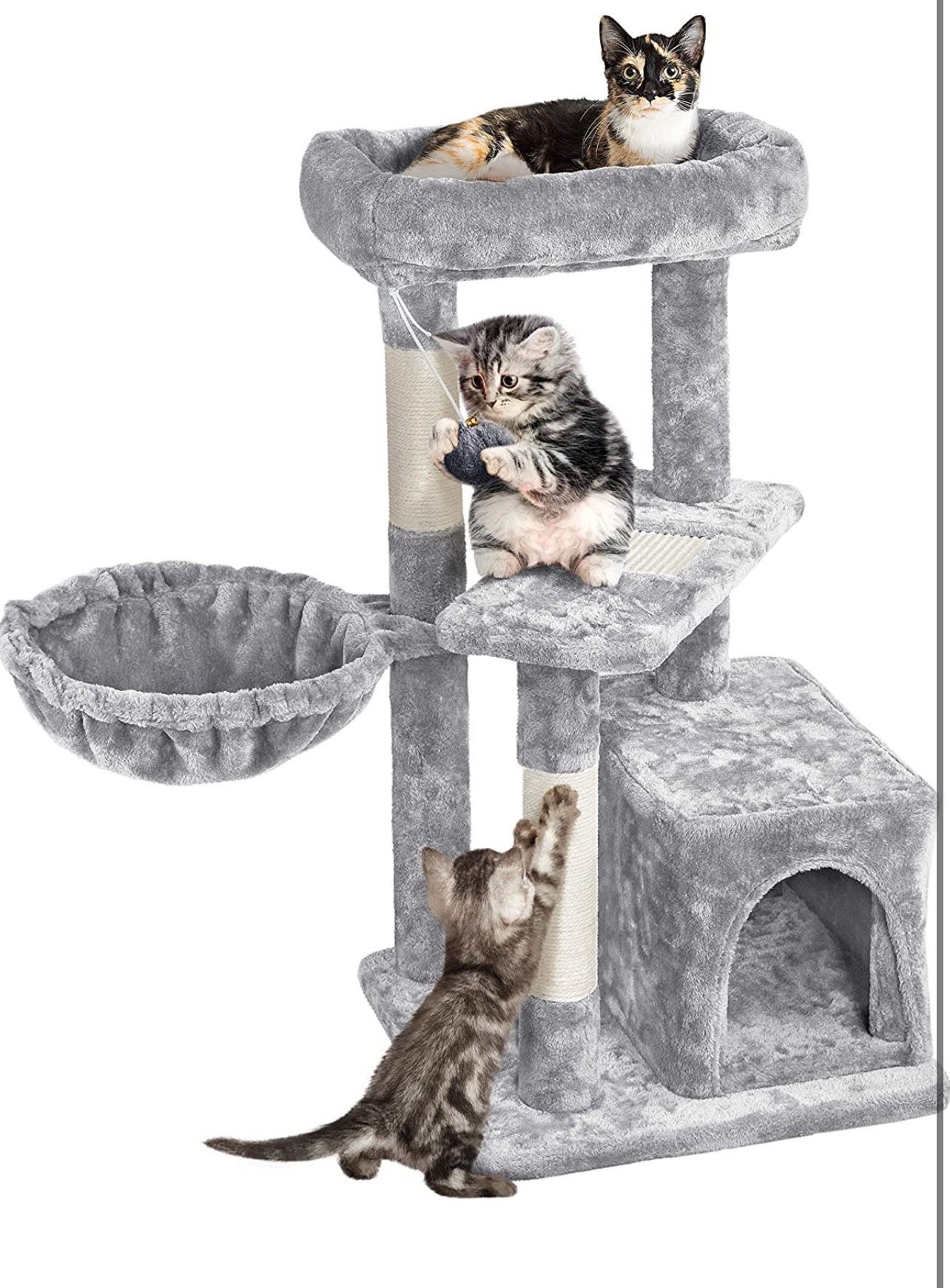 33in Cat Tree Cat Tower with Cozy Condo and Basket, Sisal-Covered Scratching Board & Posts Cat Furniture for Kitten Scratchers