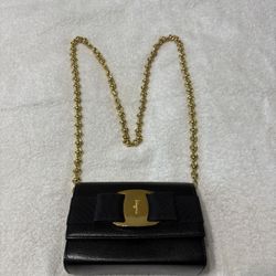 Salvatore Ferragamo  Black Saffiano Leather, Gold Chain Crossbody Bag 8"